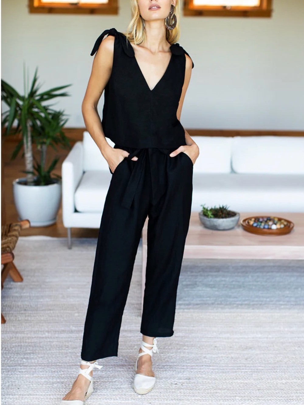 Emerson Fry Paris Pant Black Linen Rayon Hi-Rise Paperbag Stretch Waist Pockets